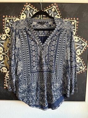 Lucky Brand Navy and White Printed Boho Blouse